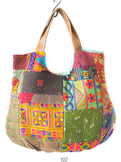 オールドラリーキルトと刺繍古布のトートバッグ